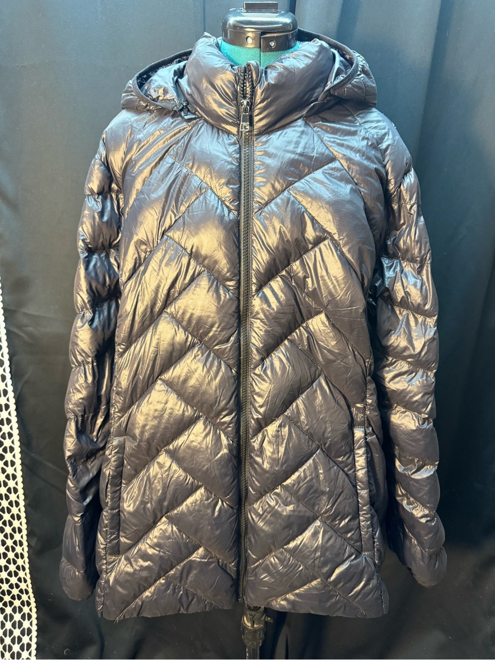 London Fog Shiny Black Quilted Hooded Puffer Jacket